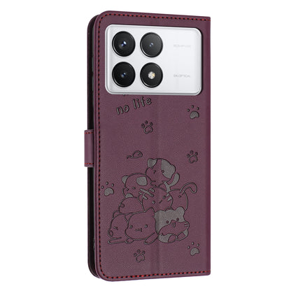 Xiaomi Poco F6 Pro 5G Embossed Kitten PU Leather Wallet Case with Card Slots, Cash Pocket, Kickstand Function, Wrist Lanyard Strap, Full Protective TPU Flip Cover