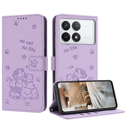 Xiaomi Poco X6 Pro Embossed Kitten PU Leather Wallet Case with Card Slots, Cash Pocket, Kickstand Function, Wrist Lanyard Strap, Full Protective TPU Flip Cover