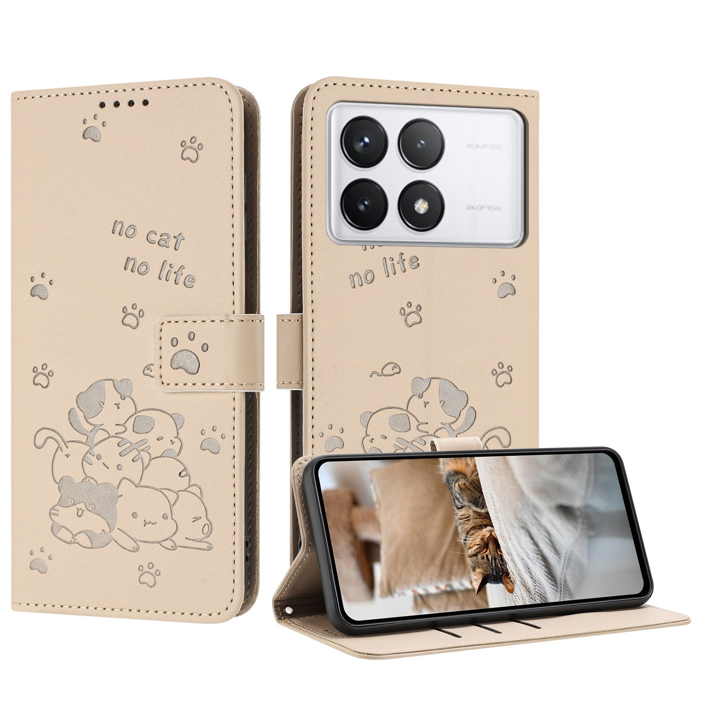 Xiaomi Poco X6 Pro Embossed Kitten PU Leather Wallet Case with Card Slots, Cash Pocket, Kickstand Function, Wrist Lanyard Strap, Full Protective TPU Flip Cover