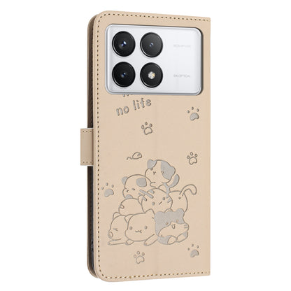Xiaomi Poco X6 Pro Embossed Kitten PU Leather Wallet Case with Card Slots, Cash Pocket, Kickstand Function, Wrist Lanyard Strap, Full Protective TPU Flip Cover