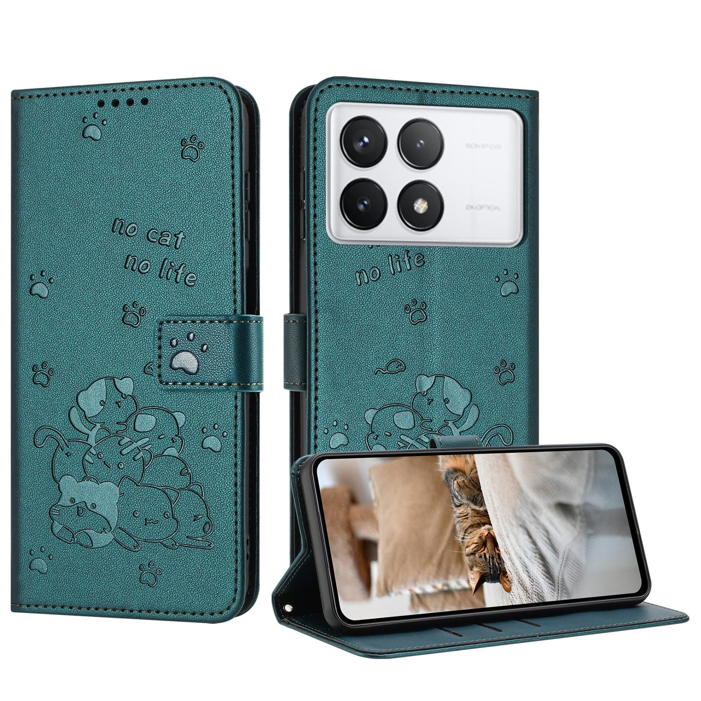 Xiaomi Poco X6 Pro Embossed Kitten PU Leather Wallet Case with Card Slots, Cash Pocket, Kickstand Function, Wrist Lanyard Strap, Full Protective TPU Flip Cover
