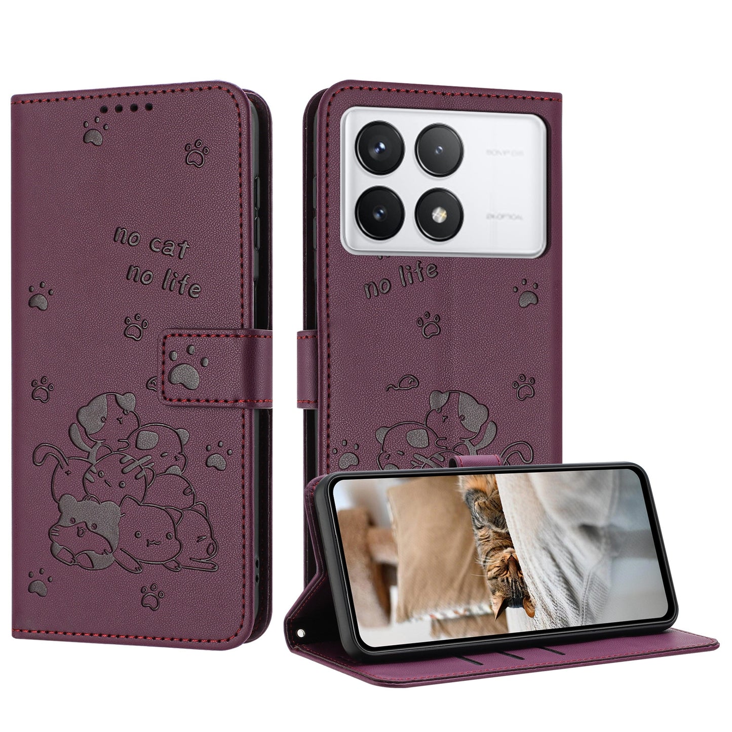 Xiaomi Poco X6 Pro Embossed Kitten PU Leather Wallet Case with Card Slots, Cash Pocket, Kickstand Function, Wrist Lanyard Strap, Full Protective TPU Flip Cover