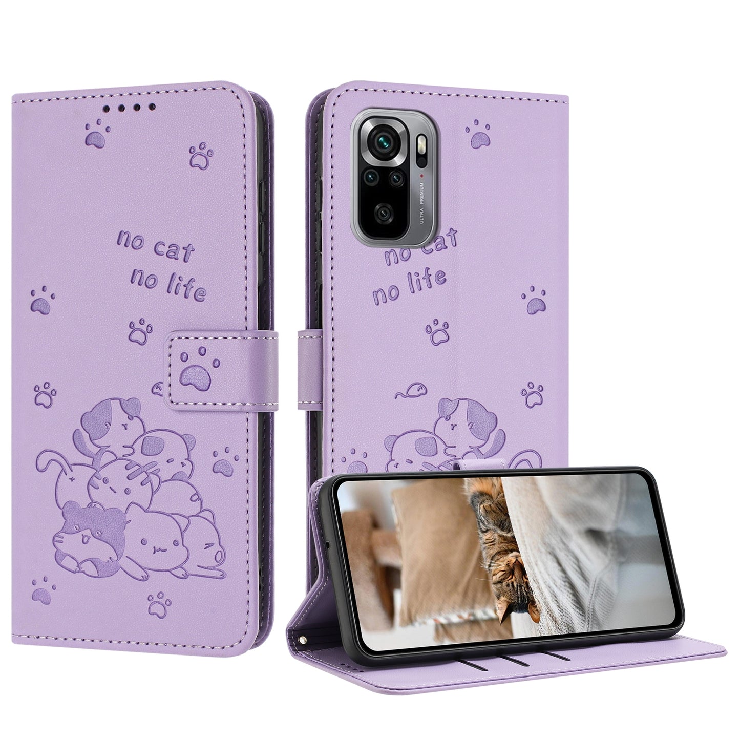 Xiaomi Poco M5s 4G Embossed Kitten PU Leather Wallet Case with Card Slots, Cash Pocket, Kickstand Function, Wrist Lanyard Strap, Full Protective TPU Flip Cover