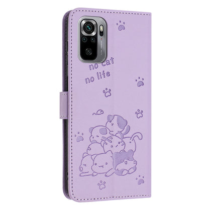 Xiaomi Poco M5s 4G Embossed Kitten PU Leather Wallet Case with Card Slots, Cash Pocket, Kickstand Function, Wrist Lanyard Strap, Full Protective TPU Flip Cover