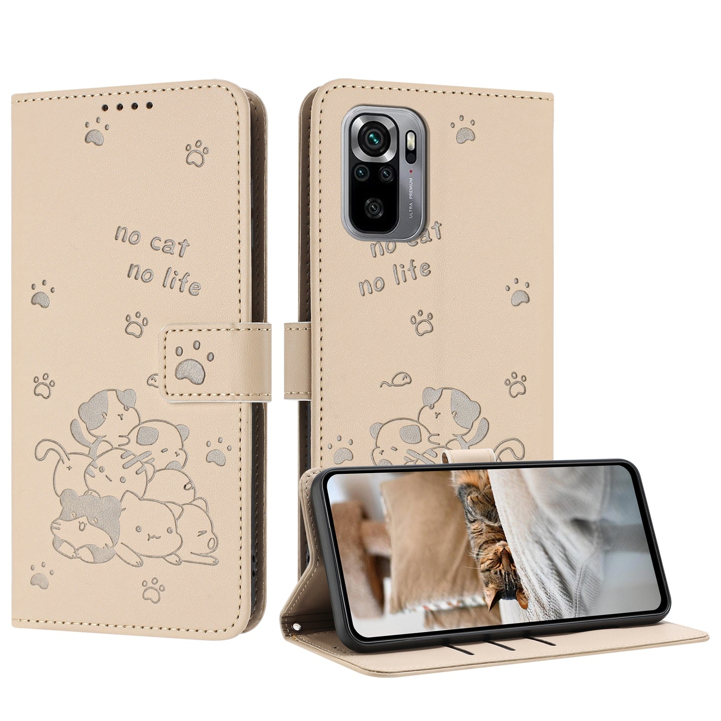 Xiaomi Poco M5s 4G Embossed Kitten PU Leather Wallet Case with Card Slots, Cash Pocket, Kickstand Function, Wrist Lanyard Strap, Full Protective TPU Flip Cover