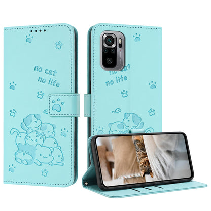 Xiaomi Poco M5s 4G Embossed Kitten PU Leather Wallet Case with Card Slots, Cash Pocket, Kickstand Function, Wrist Lanyard Strap, Full Protective TPU Flip Cover