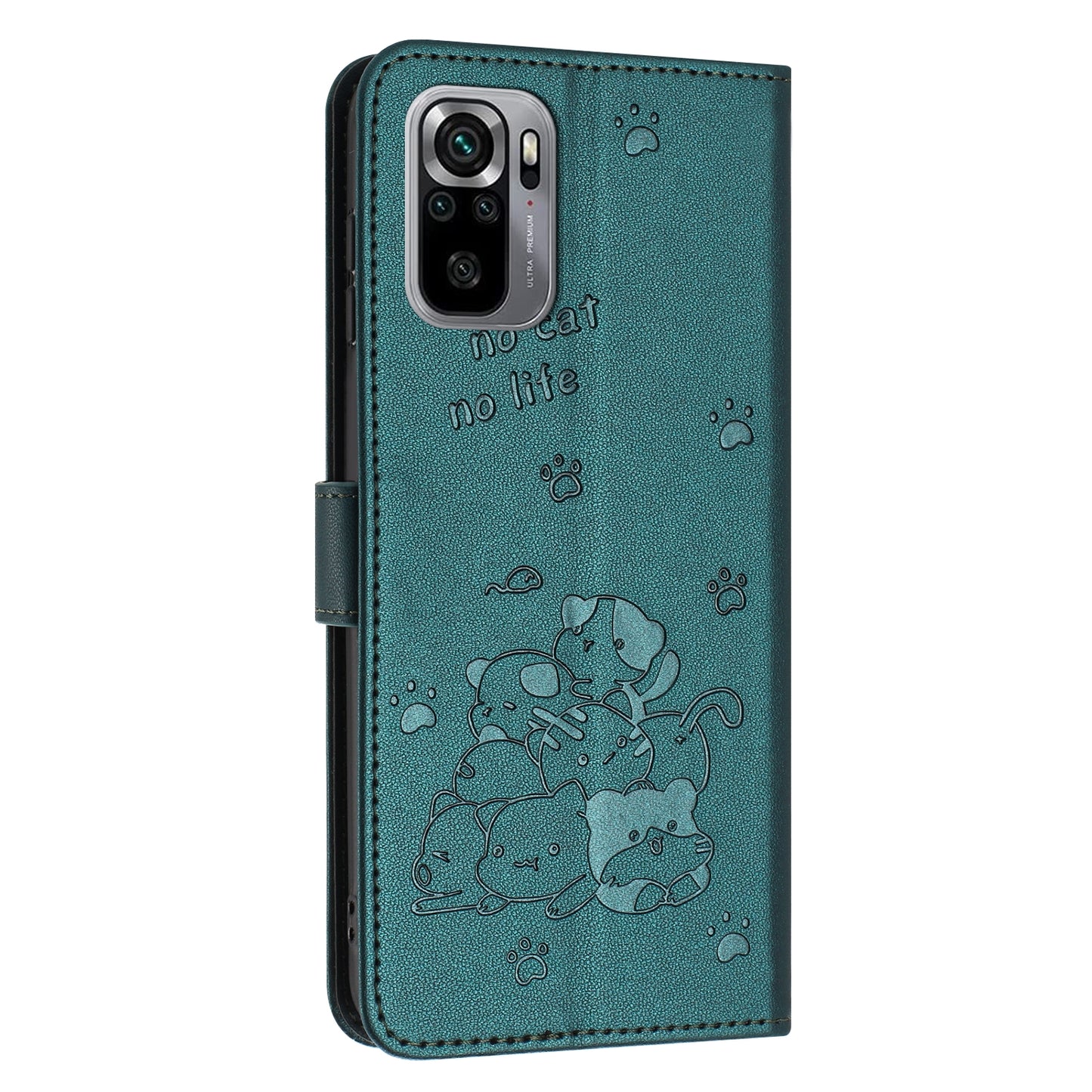 Xiaomi Poco M5s 4G Embossed Kitten PU Leather Wallet Case with Card Slots, Cash Pocket, Kickstand Function, Wrist Lanyard Strap, Full Protective TPU Flip Cover