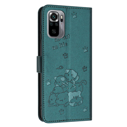 Xiaomi Poco M5s 4G Embossed Kitten PU Leather Wallet Case with Card Slots, Cash Pocket, Kickstand Function, Wrist Lanyard Strap, Full Protective TPU Flip Cover