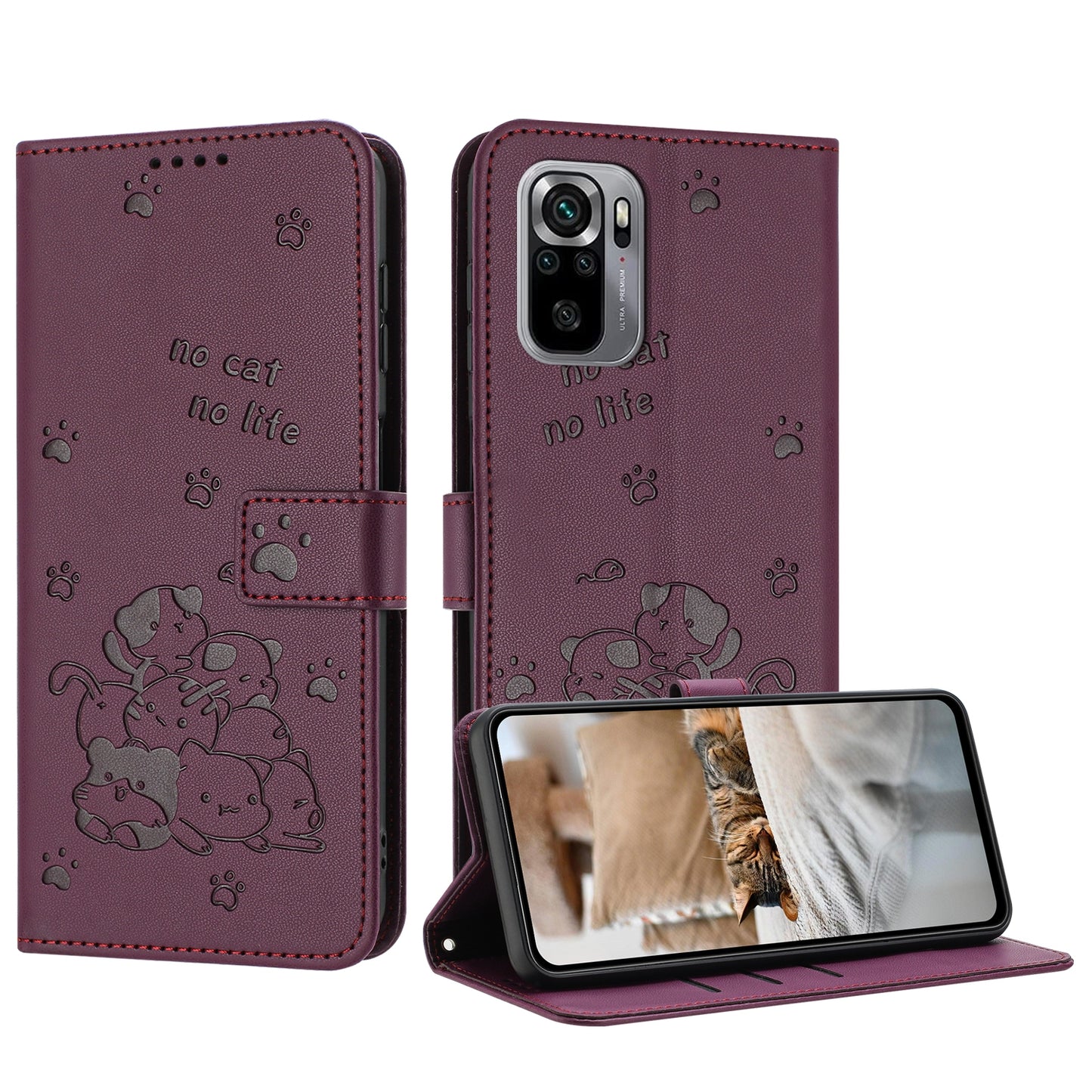 Xiaomi Poco M5s 4G Embossed Kitten PU Leather Wallet Case with Card Slots, Cash Pocket, Kickstand Function, Wrist Lanyard Strap, Full Protective TPU Flip Cover