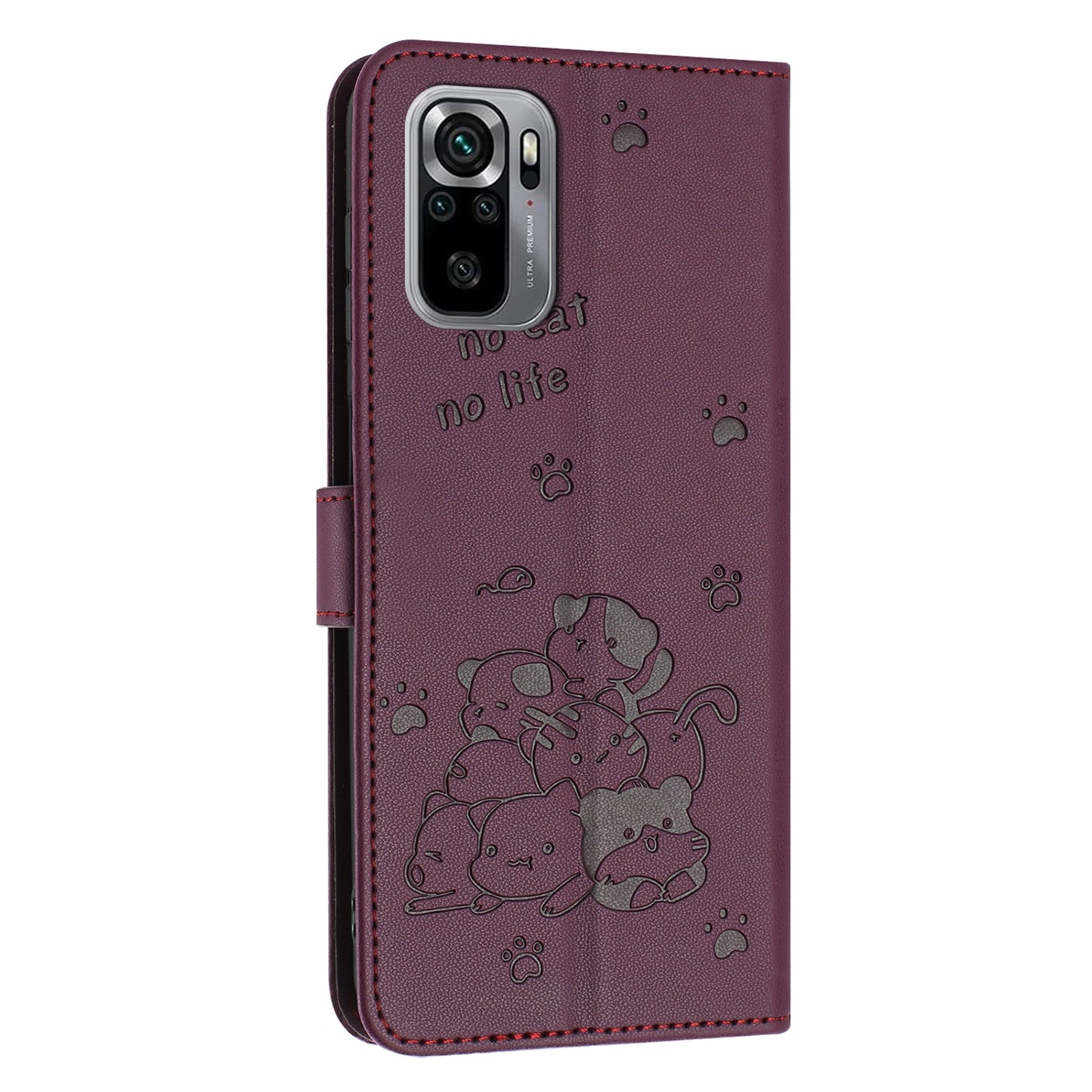 Xiaomi Poco M5s 4G Embossed Kitten PU Leather Wallet Case with Card Slots, Cash Pocket, Kickstand Function, Wrist Lanyard Strap, Full Protective TPU Flip Cover