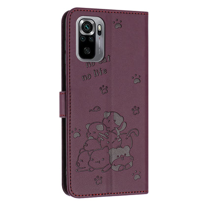 Xiaomi Poco M5s 4G Embossed Kitten PU Leather Wallet Case with Card Slots, Cash Pocket, Kickstand Function, Wrist Lanyard Strap, Full Protective TPU Flip Cover