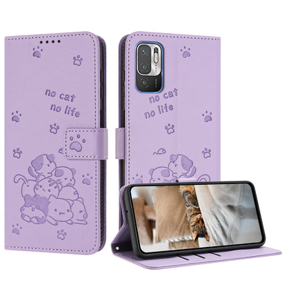 Xiaomi Poco M3 Pro 5G Embossed Kitten PU Leather Wallet Case with Card Slots, Cash Pocket, Kickstand Function, Wrist Lanyard Strap, Full Protective TPU Flip Cover