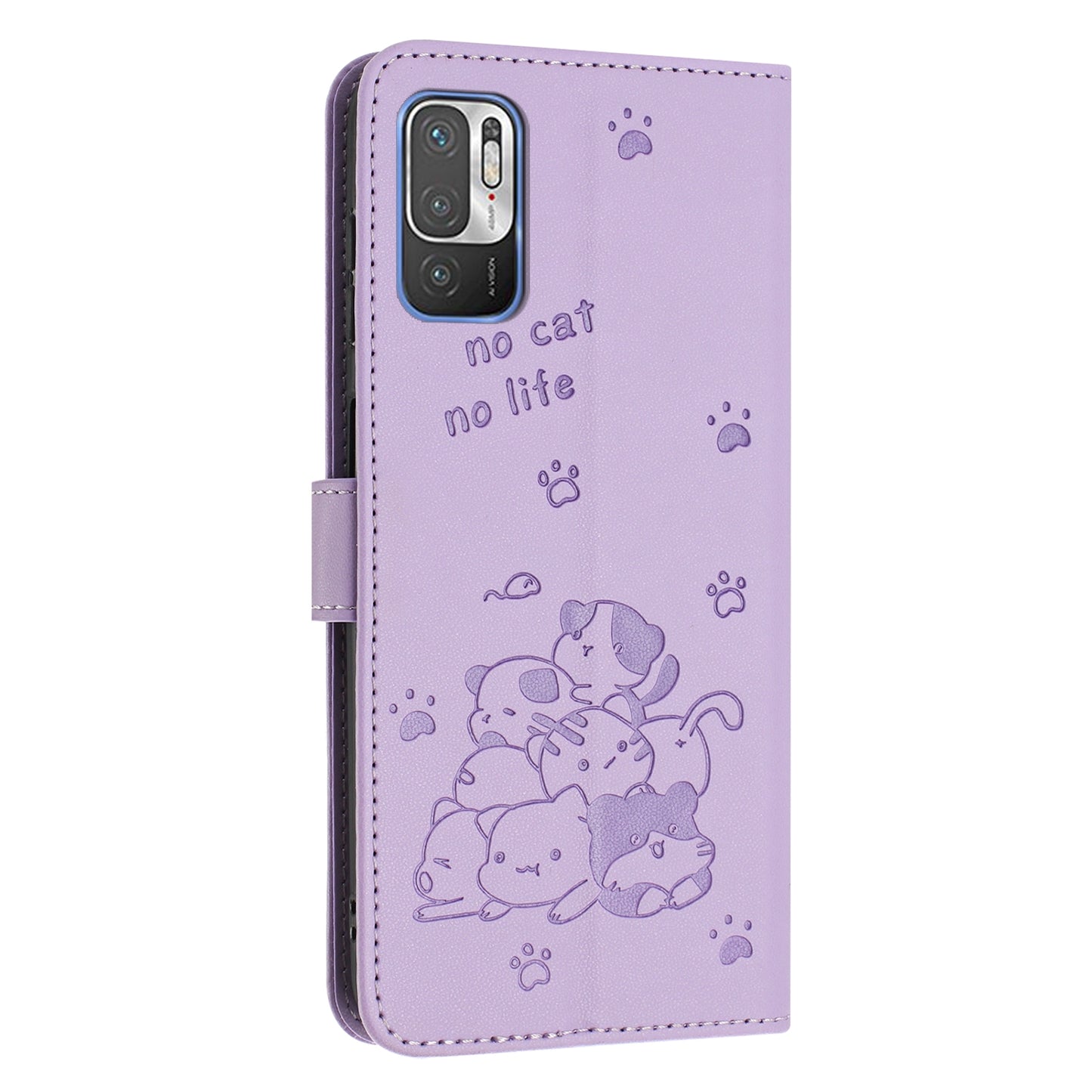 Xiaomi Poco M3 Pro 5G Embossed Kitten PU Leather Wallet Case with Card Slots, Cash Pocket, Kickstand Function, Wrist Lanyard Strap, Full Protective TPU Flip Cover