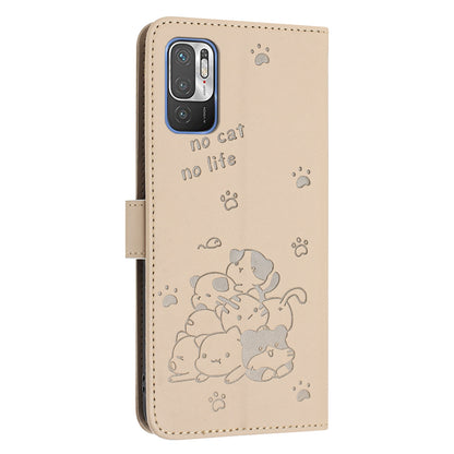 Xiaomi Poco M3 Pro 5G Embossed Kitten PU Leather Wallet Case with Card Slots, Cash Pocket, Kickstand Function, Wrist Lanyard Strap, Full Protective TPU Flip Cover