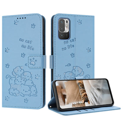 Xiaomi Poco M3 Pro 5G Embossed Kitten PU Leather Wallet Case with Card Slots, Cash Pocket, Kickstand Function, Wrist Lanyard Strap, Full Protective TPU Flip Cover