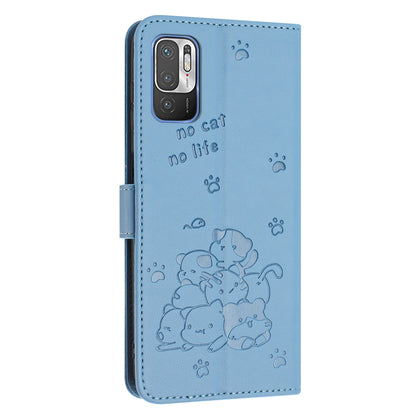 Xiaomi Poco M3 Pro 5G Embossed Kitten PU Leather Wallet Case with Card Slots, Cash Pocket, Kickstand Function, Wrist Lanyard Strap, Full Protective TPU Flip Cover
