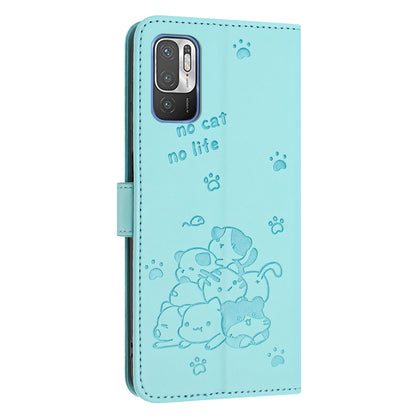 Xiaomi Poco M3 Pro 5G Embossed Kitten PU Leather Wallet Case with Card Slots, Cash Pocket, Kickstand Function, Wrist Lanyard Strap, Full Protective TPU Flip Cover