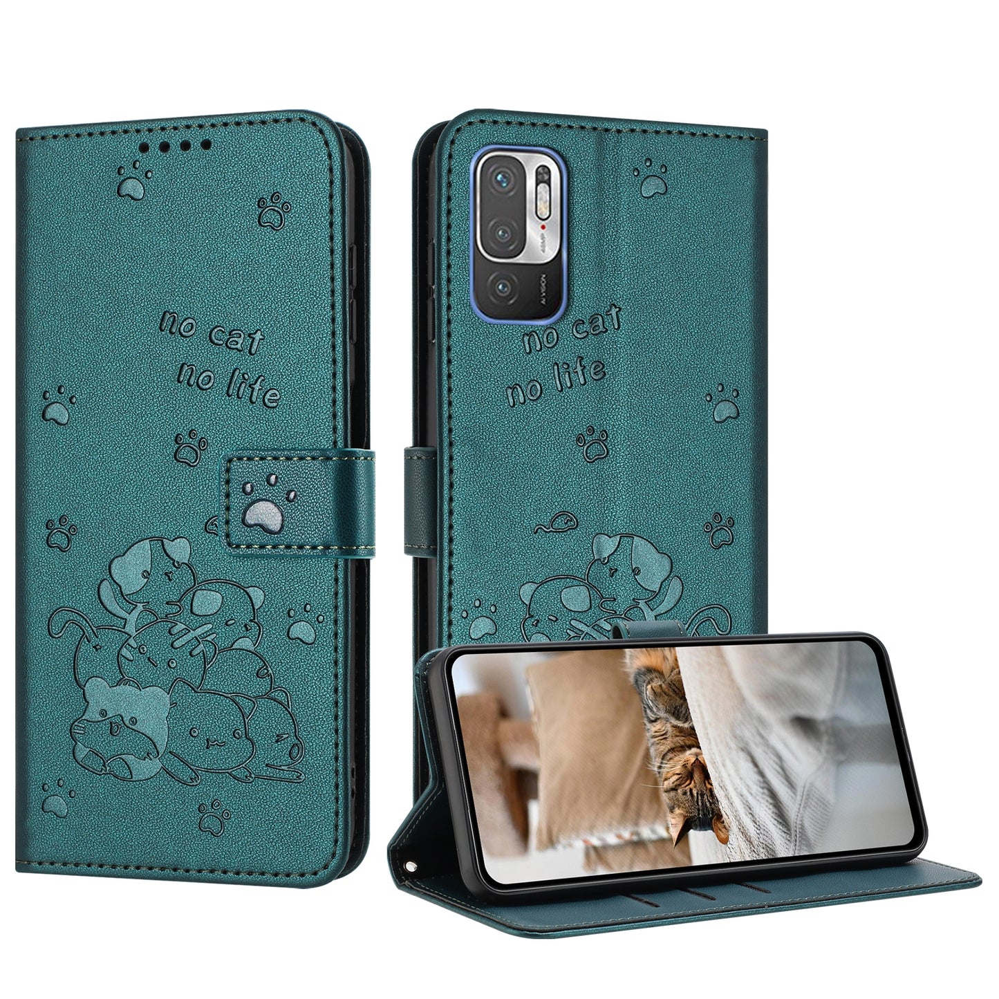 Xiaomi Poco M3 Pro 5G Embossed Kitten PU Leather Wallet Case with Card Slots, Cash Pocket, Kickstand Function, Wrist Lanyard Strap, Full Protective TPU Flip Cover