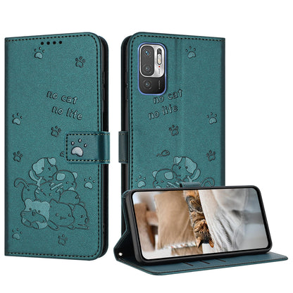 Xiaomi Poco M3 Pro 5G Embossed Kitten PU Leather Wallet Case with Card Slots, Cash Pocket, Kickstand Function, Wrist Lanyard Strap, Full Protective TPU Flip Cover