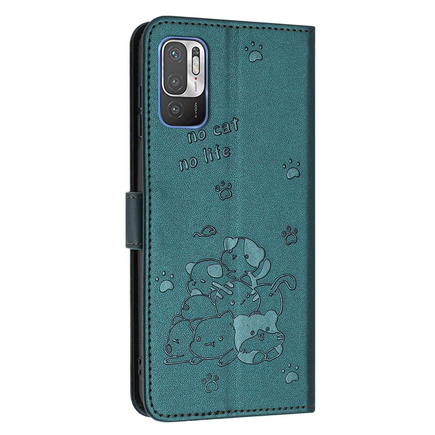 Xiaomi Poco M3 Pro 5G Embossed Kitten PU Leather Wallet Case with Card Slots, Cash Pocket, Kickstand Function, Wrist Lanyard Strap, Full Protective TPU Flip Cover