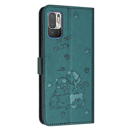 Xiaomi Poco M3 Pro 5G Embossed Kitten PU Leather Wallet Case with Card Slots, Cash Pocket, Kickstand Function, Wrist Lanyard Strap, Full Protective TPU Flip Cover