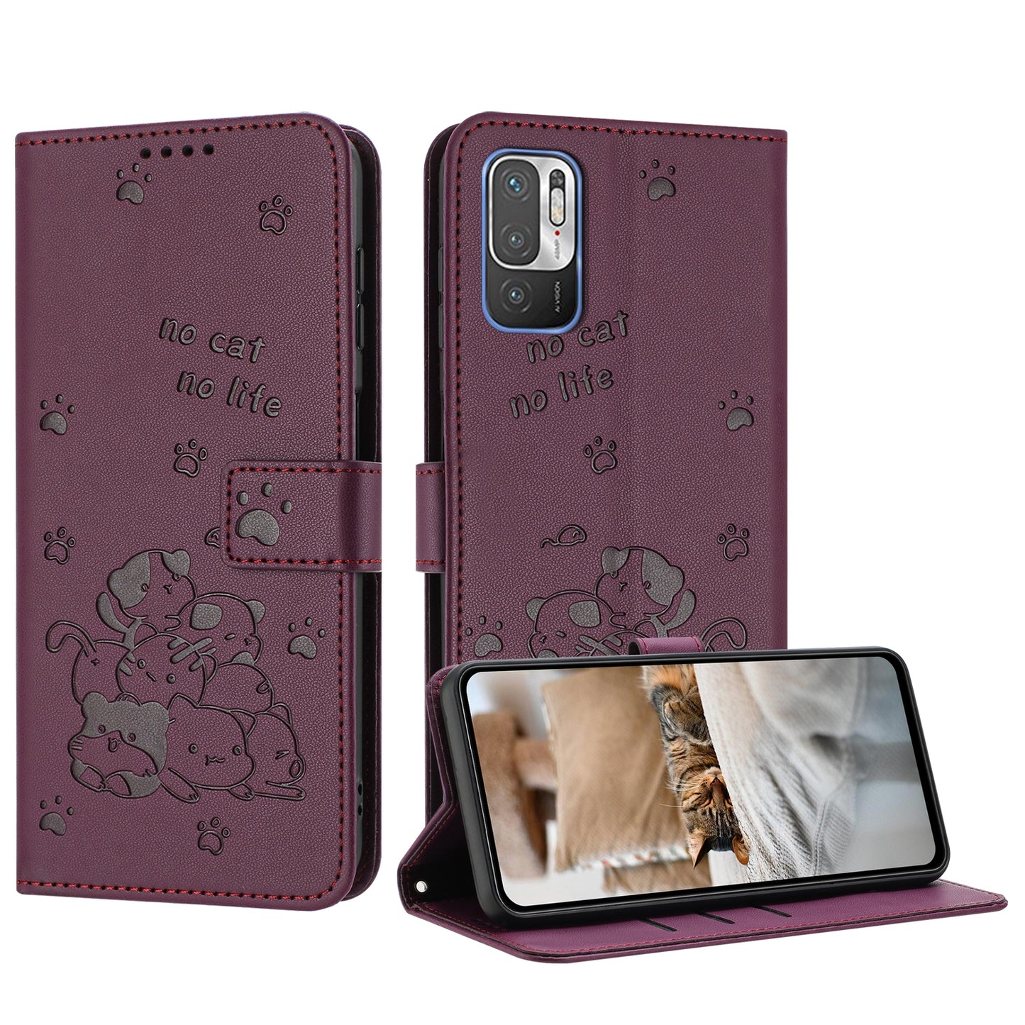 Xiaomi Poco M3 Pro 5G Embossed Kitten PU Leather Wallet Case with Card Slots, Cash Pocket, Kickstand Function, Wrist Lanyard Strap, Full Protective TPU Flip Cover