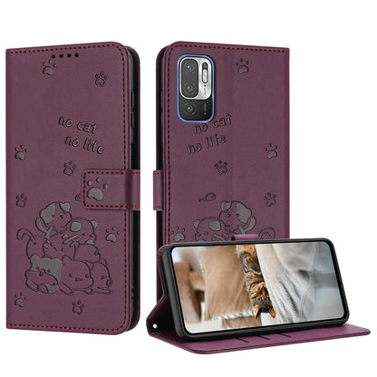 Xiaomi Poco M3 Pro 5G Embossed Kitten PU Leather Wallet Case with Card Slots, Cash Pocket, Kickstand Function, Wrist Lanyard Strap, Full Protective TPU Flip Cover
