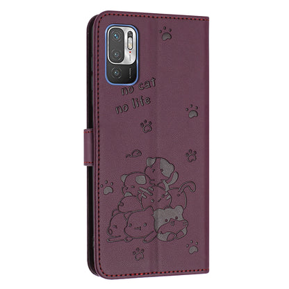 Xiaomi Poco M3 Pro 5G Embossed Kitten PU Leather Wallet Case with Card Slots, Cash Pocket, Kickstand Function, Wrist Lanyard Strap, Full Protective TPU Flip Cover