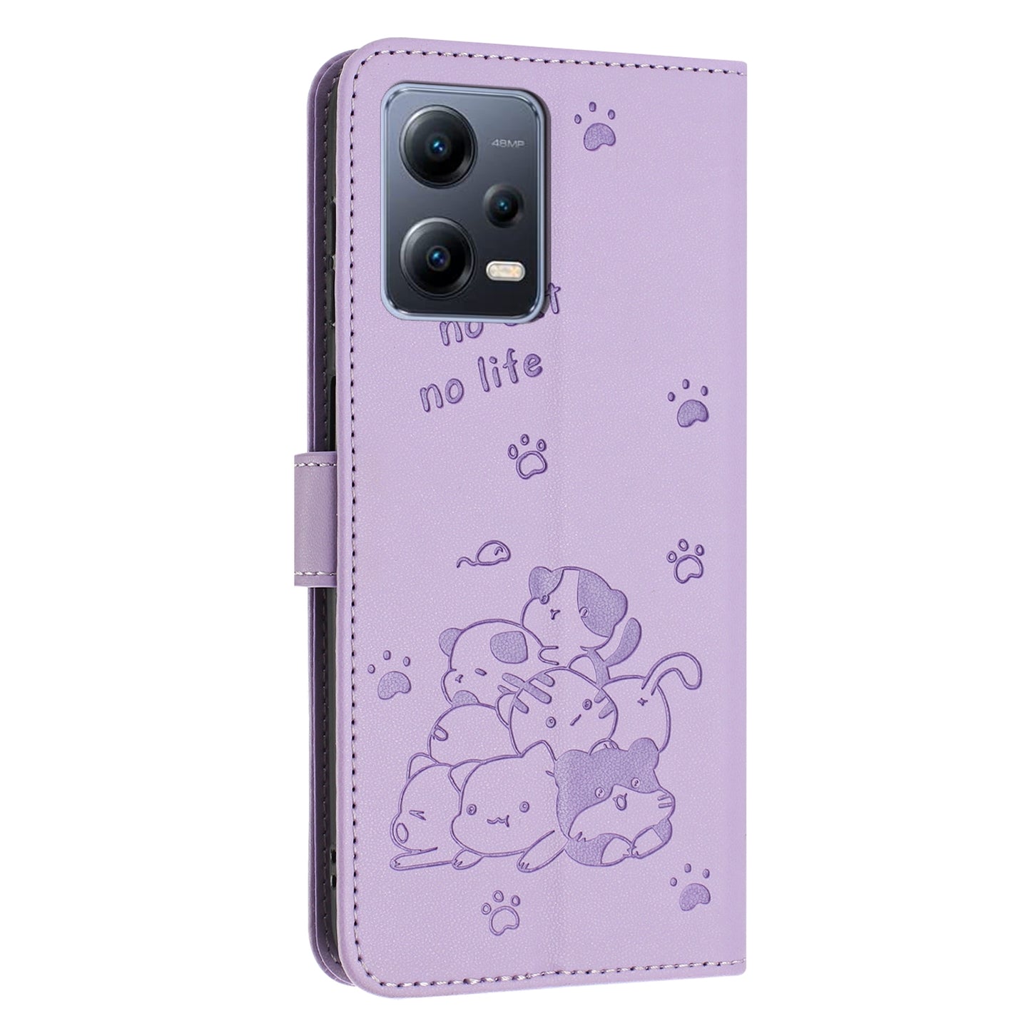 Xiaomi Poco X5 5G Embossed Kitten PU Leather Wallet Case with Card Slots, Cash Pocket, Kickstand Function, Wrist Lanyard Strap, Full Protective TPU Flip Cover