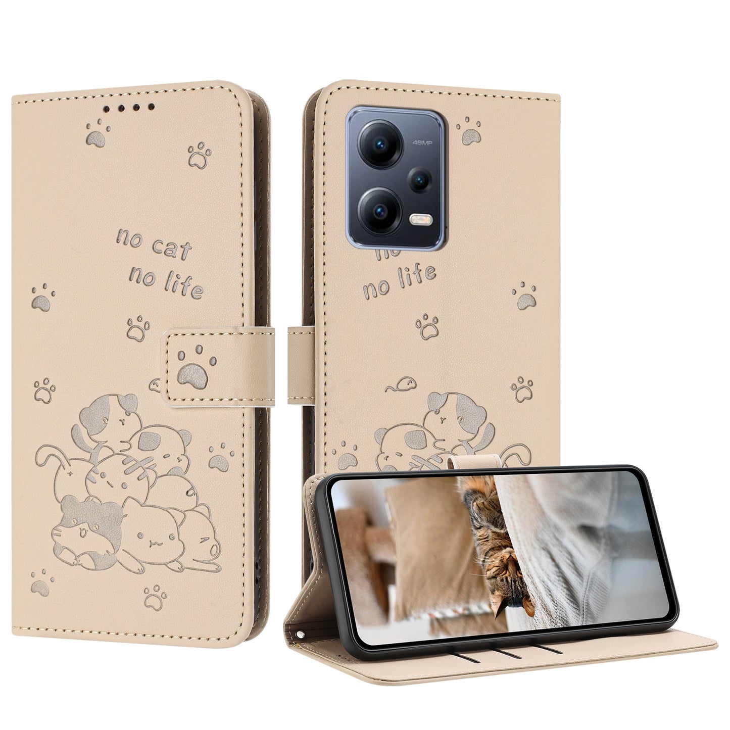 Xiaomi Poco X5 5G Embossed Kitten PU Leather Wallet Case with Card Slots, Cash Pocket, Kickstand Function, Wrist Lanyard Strap, Full Protective TPU Flip Cover
