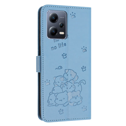 Xiaomi Poco X5 5G Embossed Kitten PU Leather Wallet Case with Card Slots, Cash Pocket, Kickstand Function, Wrist Lanyard Strap, Full Protective TPU Flip Cover