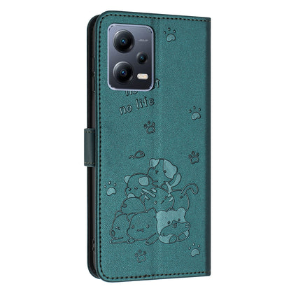 Xiaomi Poco X5 5G Embossed Kitten PU Leather Wallet Case with Card Slots, Cash Pocket, Kickstand Function, Wrist Lanyard Strap, Full Protective TPU Flip Cover