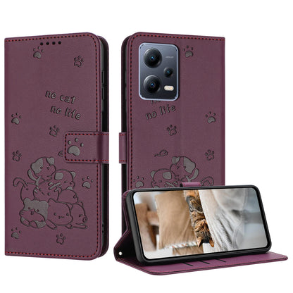 Xiaomi Poco X5 5G Embossed Kitten PU Leather Wallet Case with Card Slots, Cash Pocket, Kickstand Function, Wrist Lanyard Strap, Full Protective TPU Flip Cover