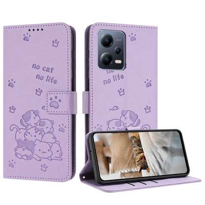 Xiaomi Poco X5 Pro 5G Embossed Kitten PU Leather Wallet Case with Card Slots, Cash Pocket, Kickstand Function, Wrist Lanyard Strap, Full Protective TPU Flip Cover