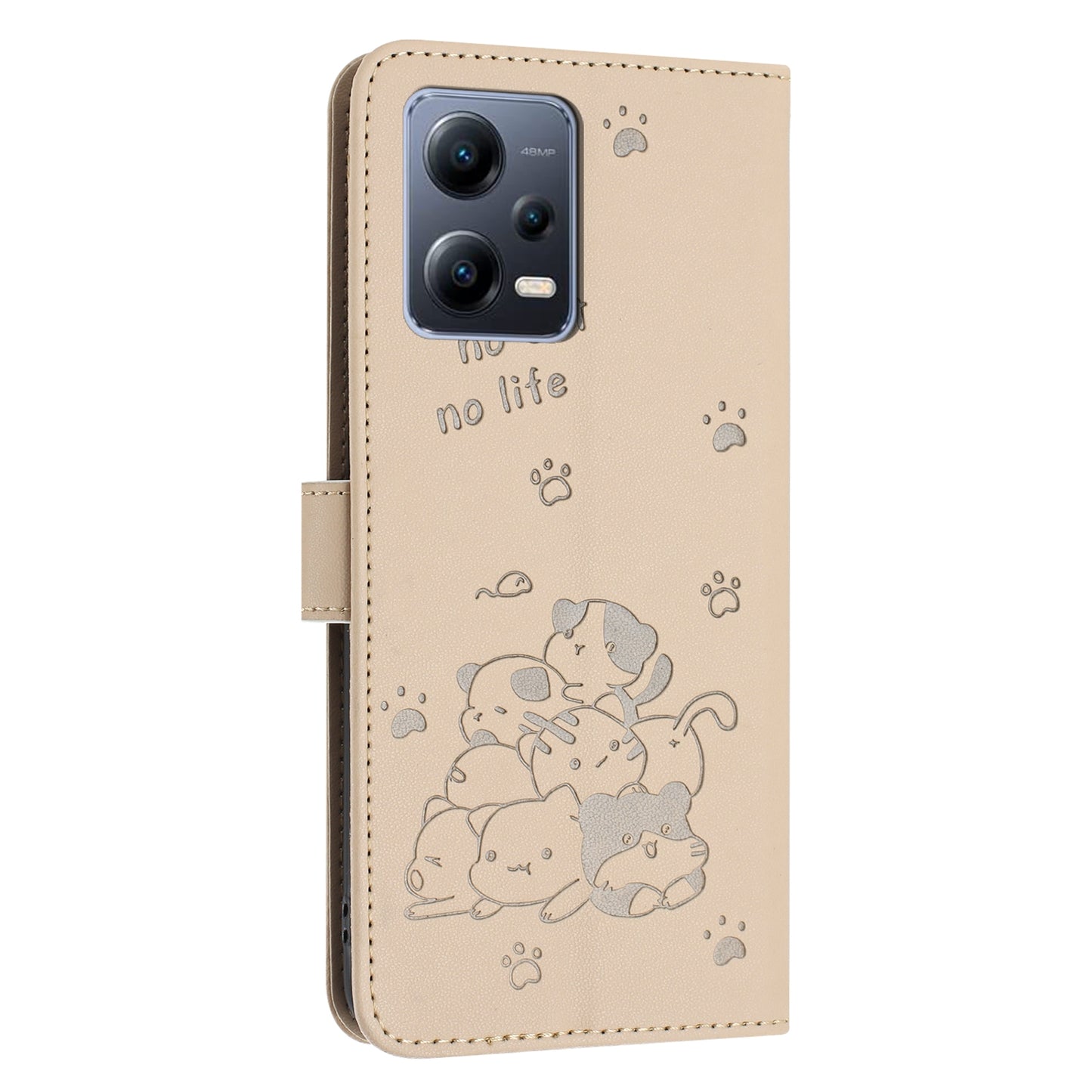 Xiaomi Poco X5 Pro 5G Embossed Kitten PU Leather Wallet Case with Card Slots, Cash Pocket, Kickstand Function, Wrist Lanyard Strap, Full Protective TPU Flip Cover