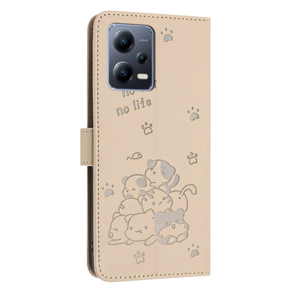 Xiaomi Poco X5 Pro 5G Embossed Kitten PU Leather Wallet Case with Card Slots, Cash Pocket, Kickstand Function, Wrist Lanyard Strap, Full Protective TPU Flip Cover