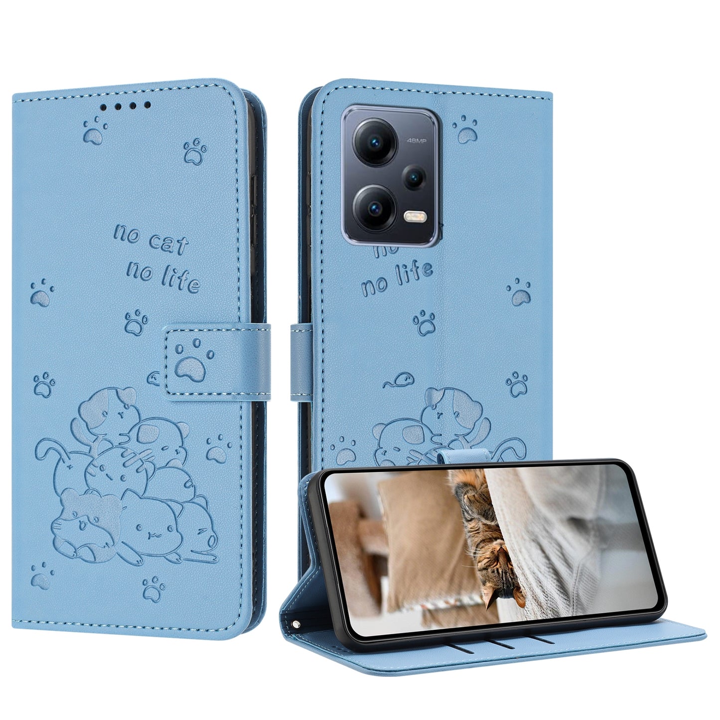 Xiaomi Poco X5 Pro 5G Embossed Kitten PU Leather Wallet Case with Card Slots, Cash Pocket, Kickstand Function, Wrist Lanyard Strap, Full Protective TPU Flip Cover