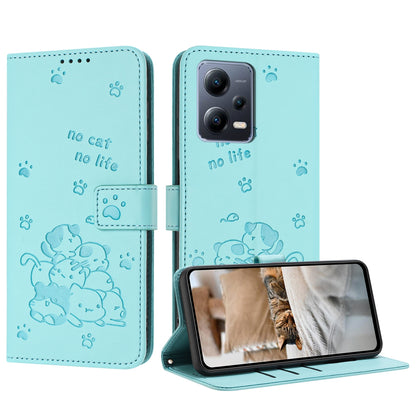 Xiaomi Poco X5 Pro 5G Embossed Kitten PU Leather Wallet Case with Card Slots, Cash Pocket, Kickstand Function, Wrist Lanyard Strap, Full Protective TPU Flip Cover