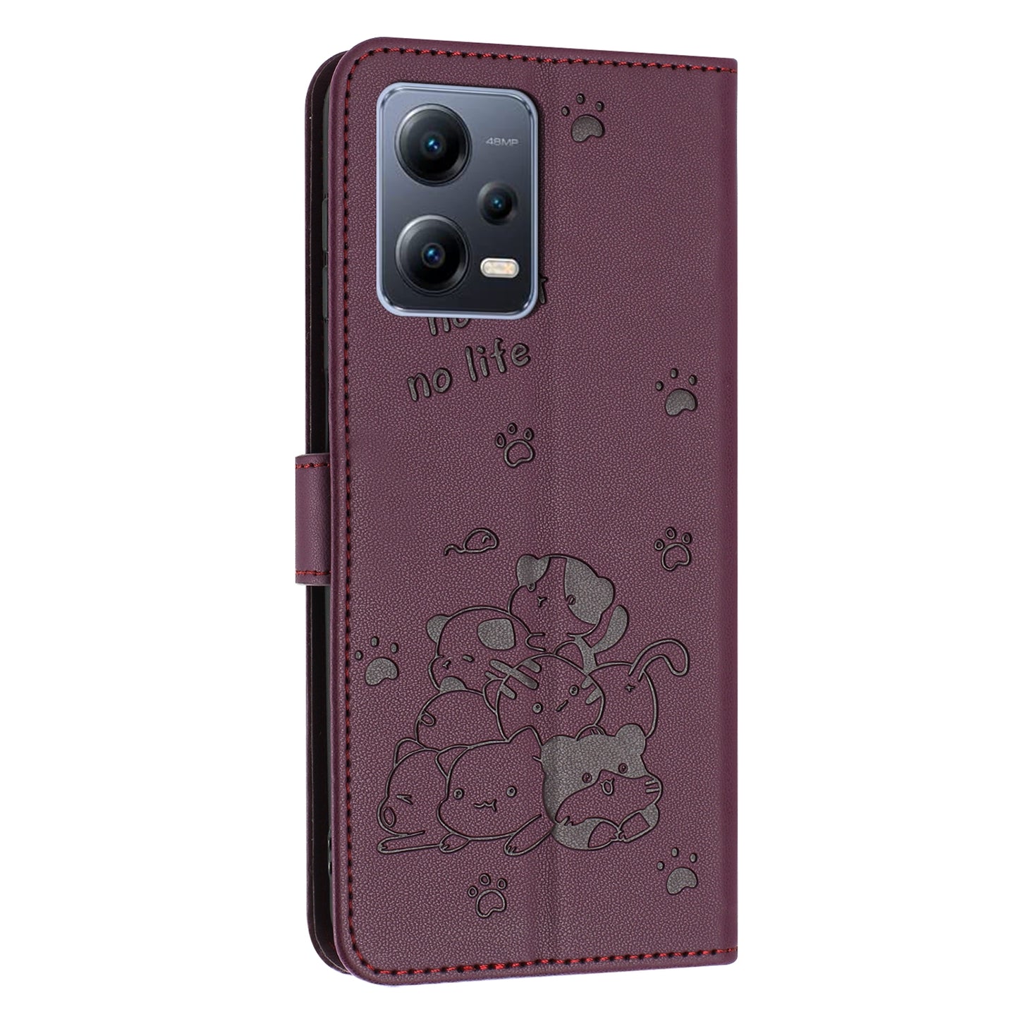 Xiaomi Poco X5 Pro 5G Embossed Kitten PU Leather Wallet Case with Card Slots, Cash Pocket, Kickstand Function, Wrist Lanyard Strap, Full Protective TPU Flip Cover