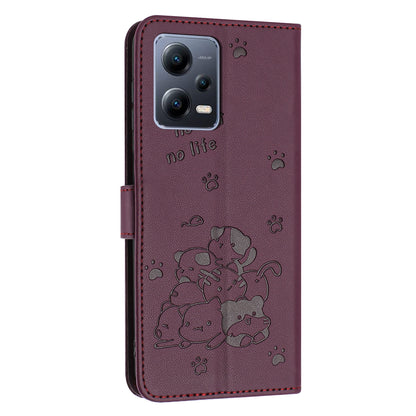 Xiaomi Poco X5 Pro 5G Embossed Kitten PU Leather Wallet Case with Card Slots, Cash Pocket, Kickstand Function, Wrist Lanyard Strap, Full Protective TPU Flip Cover
