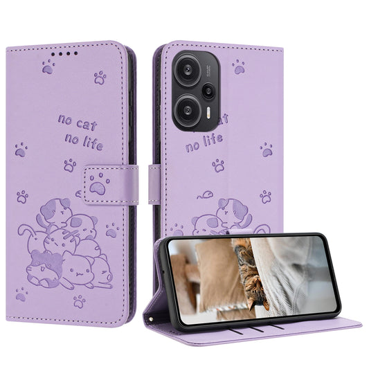 Xiaomi Poco F5 Embossed Kitten PU Leather Wallet Case with Card Slots, Cash Pocket, Kickstand Function, Wrist Lanyard Strap, Full Protective TPU Flip Cover