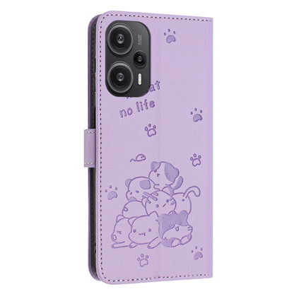 Xiaomi Poco F5 Embossed Kitten PU Leather Wallet Case with Card Slots, Cash Pocket, Kickstand Function, Wrist Lanyard Strap, Full Protective TPU Flip Cover