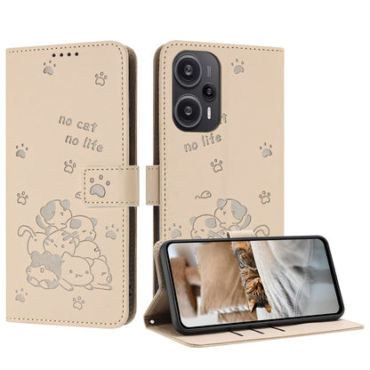 Xiaomi Poco F5 Embossed Kitten PU Leather Wallet Case with Card Slots, Cash Pocket, Kickstand Function, Wrist Lanyard Strap, Full Protective TPU Flip Cover