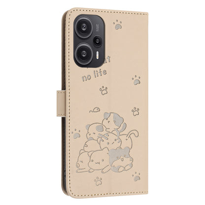 Xiaomi Poco F5 Embossed Kitten PU Leather Wallet Case with Card Slots, Cash Pocket, Kickstand Function, Wrist Lanyard Strap, Full Protective TPU Flip Cover