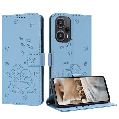 Xiaomi Poco F5 Embossed Kitten PU Leather Wallet Case with Card Slots, Cash Pocket, Kickstand Function, Wrist Lanyard Strap, Full Protective TPU Flip Cover