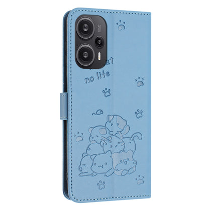 Xiaomi Poco F5 Embossed Kitten PU Leather Wallet Case with Card Slots, Cash Pocket, Kickstand Function, Wrist Lanyard Strap, Full Protective TPU Flip Cover