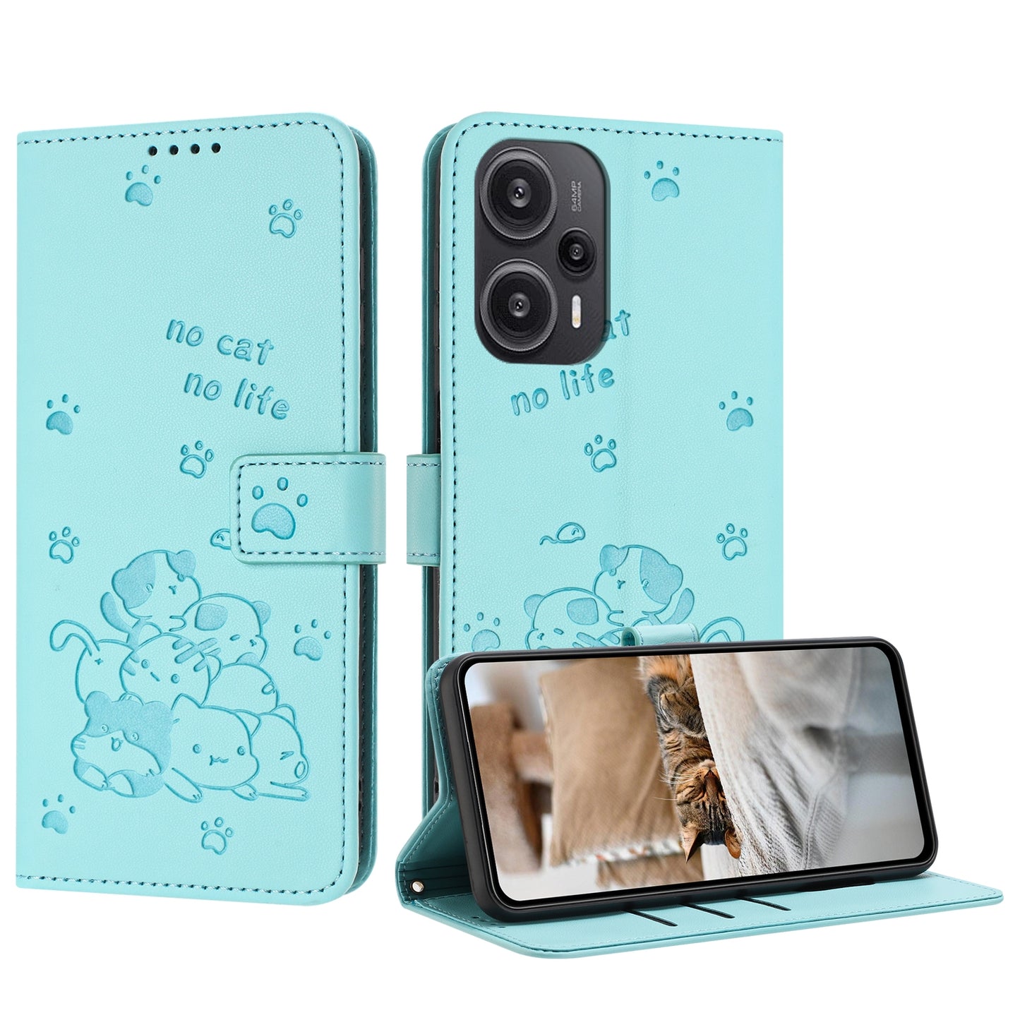 Xiaomi Poco F5 Embossed Kitten PU Leather Wallet Case with Card Slots, Cash Pocket, Kickstand Function, Wrist Lanyard Strap, Full Protective TPU Flip Cover