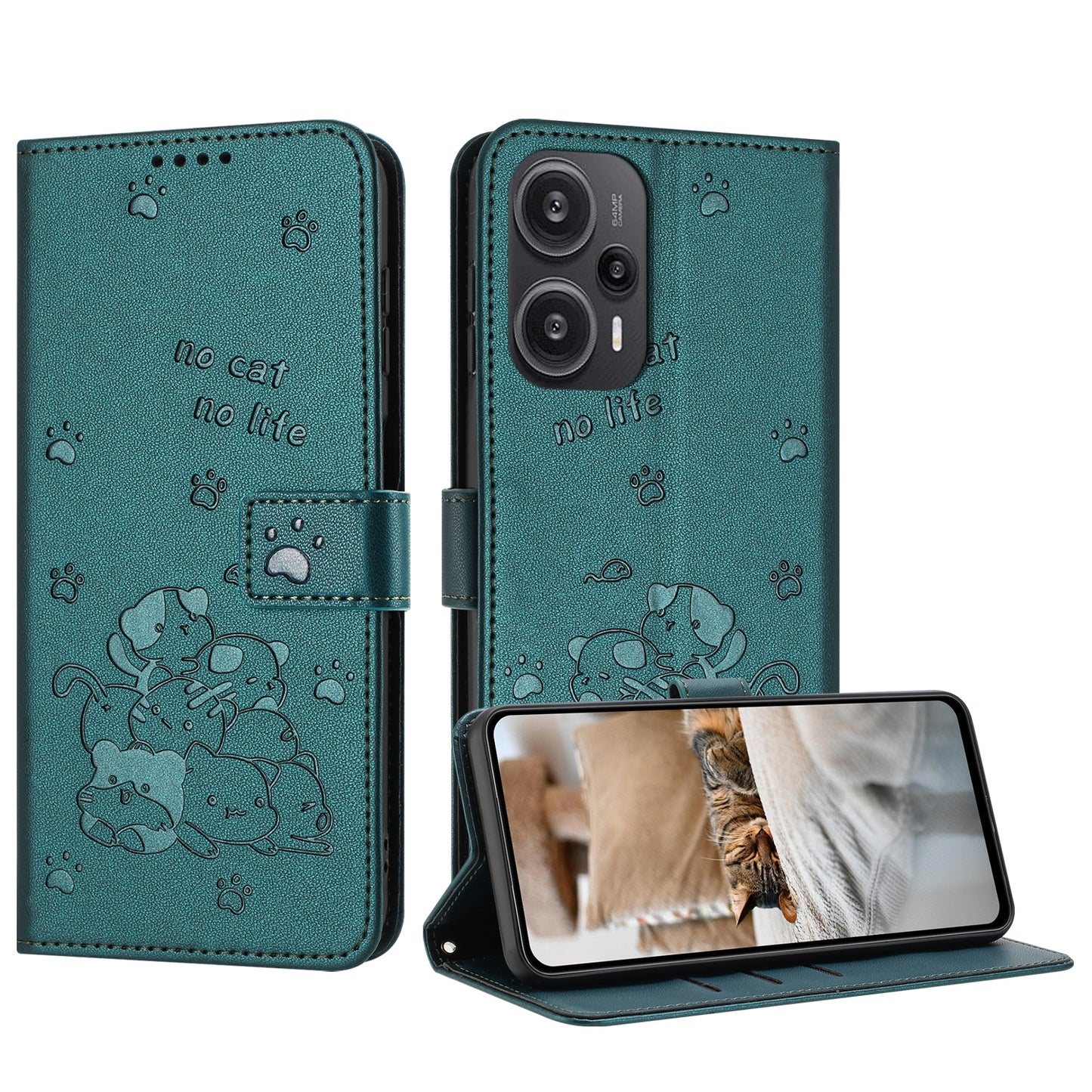 Xiaomi Poco F5 Embossed Kitten PU Leather Wallet Case with Card Slots, Cash Pocket, Kickstand Function, Wrist Lanyard Strap, Full Protective TPU Flip Cover