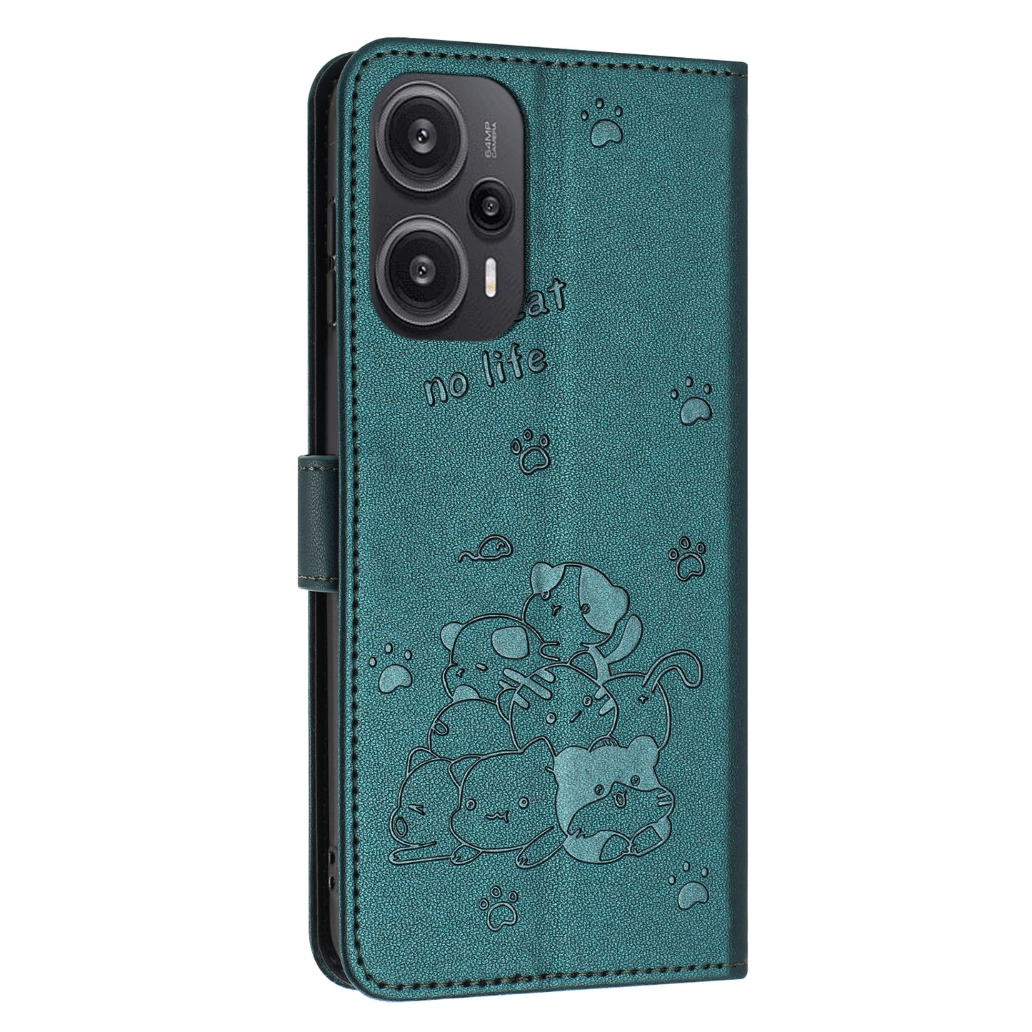 Xiaomi Poco F5 Embossed Kitten PU Leather Wallet Case with Card Slots, Cash Pocket, Kickstand Function, Wrist Lanyard Strap, Full Protective TPU Flip Cover