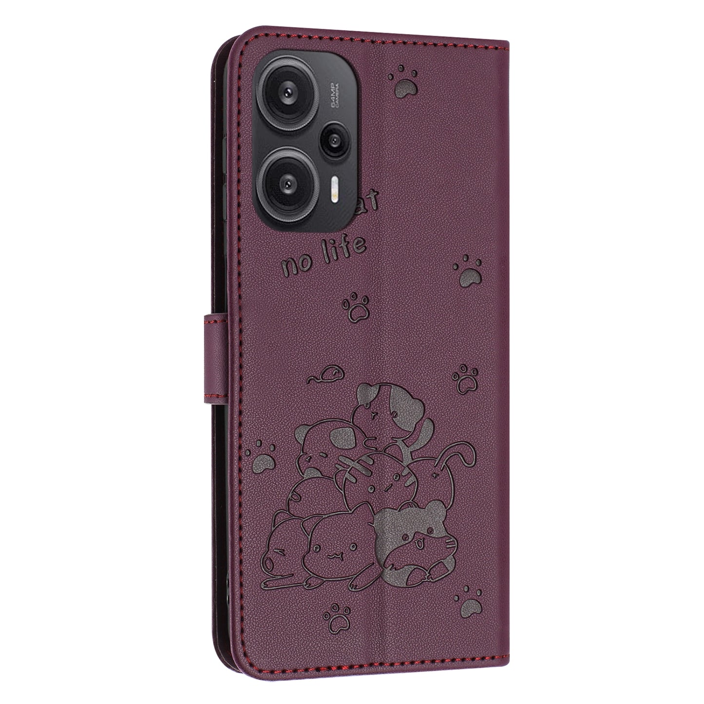 Xiaomi Poco F5 Embossed Kitten PU Leather Wallet Case with Card Slots, Cash Pocket, Kickstand Function, Wrist Lanyard Strap, Full Protective TPU Flip Cover